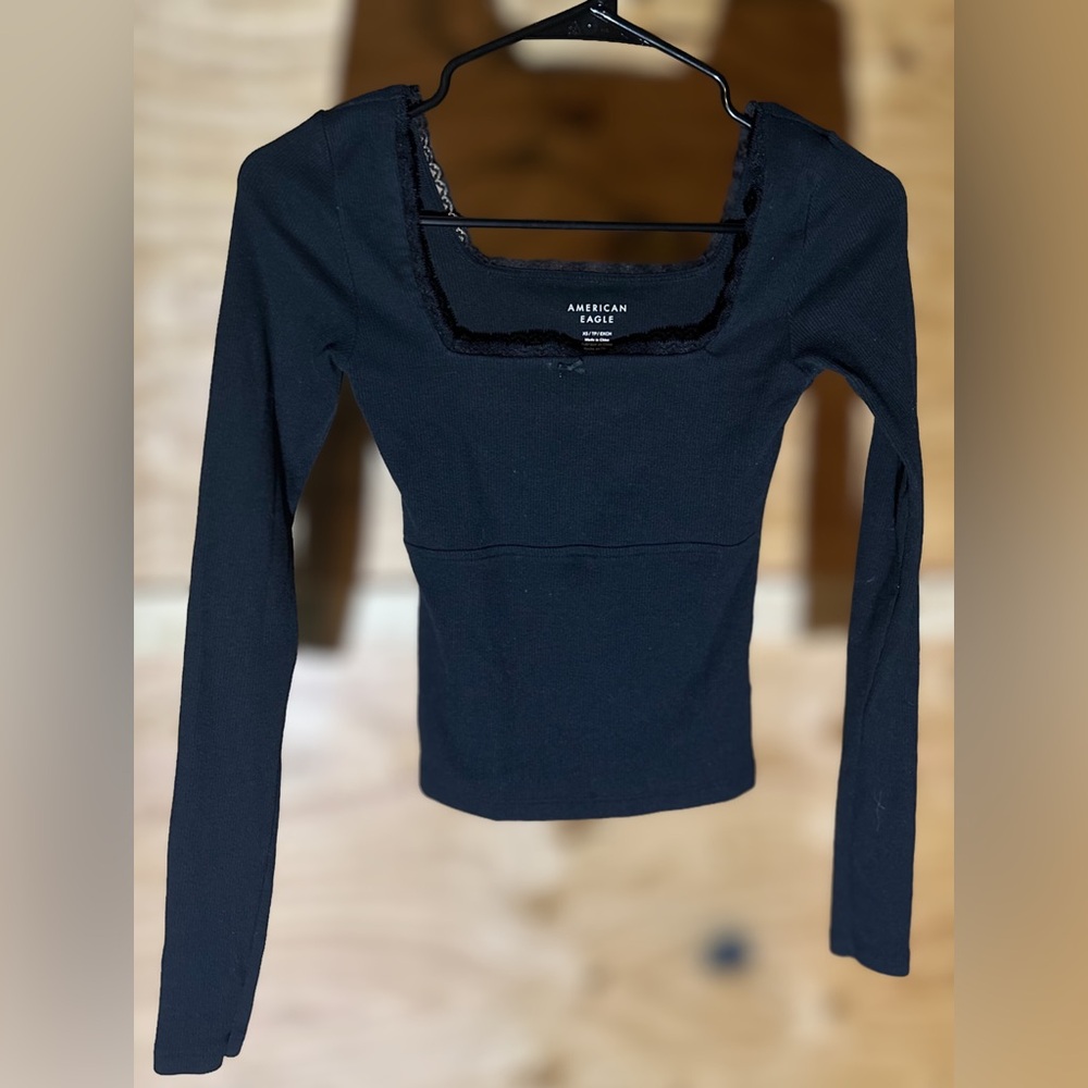 American Eagle - Lace Trim Square Neck Ribbed Long Sleeve Top